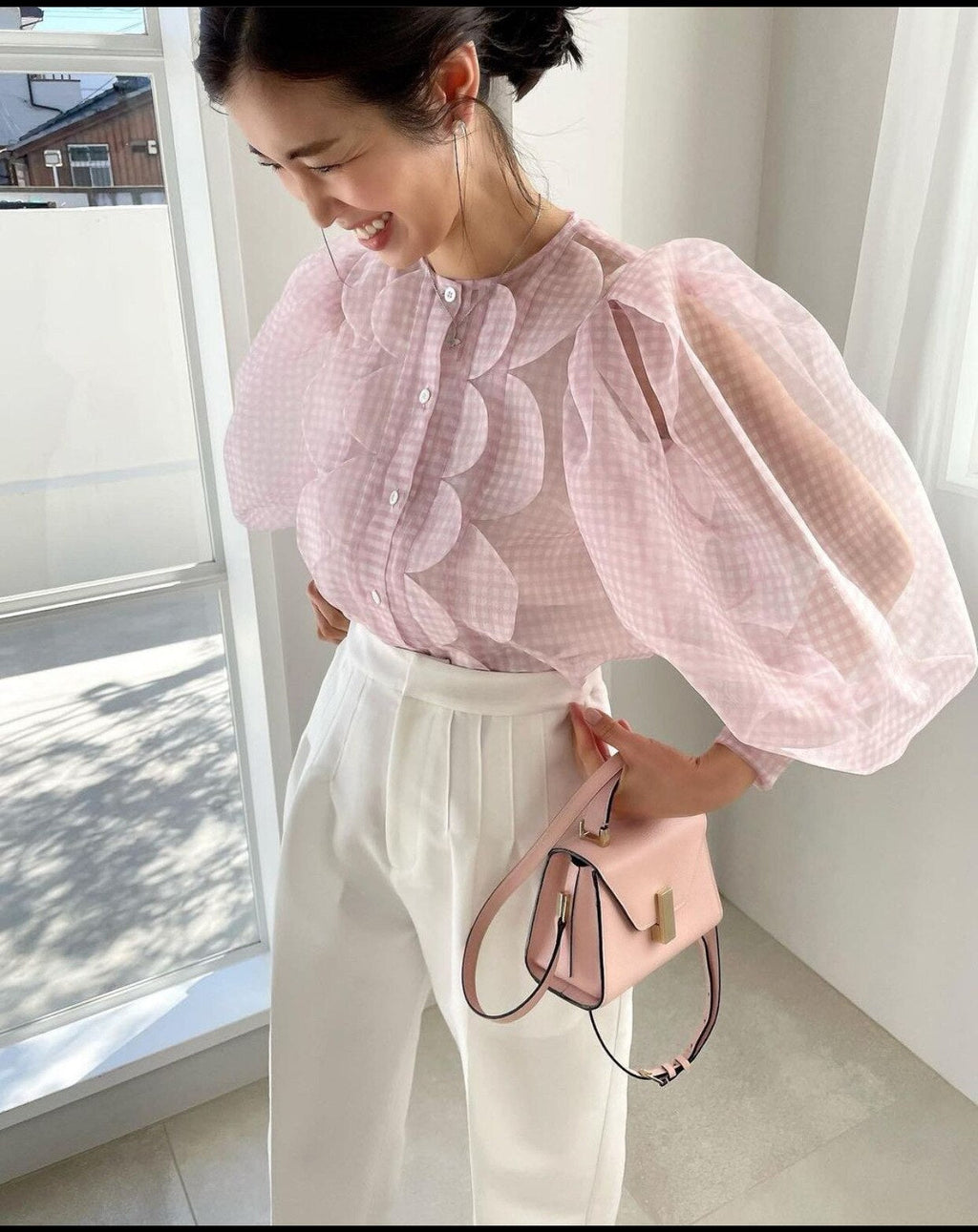 Summer Tops See Through Puff Sleeve Sweet Shirt Single Breasted Plaid - MERGE.DAY.1.FREESTYLE