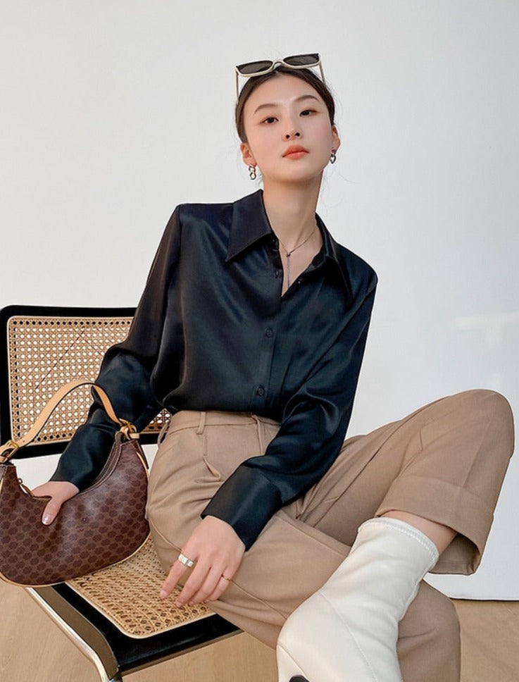Turn-down Collar Solid Blouses Women Full Sleeve Loose Single-breasted Satin Shirts - MERGE.DAY.1.FREESTYLE