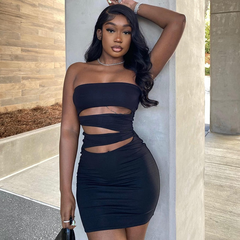 Off Shoulder Strapless Solid Hollow Out Mini Prom Dress Sexy Skinny - MERGE.DAY.1.FREESTYLE