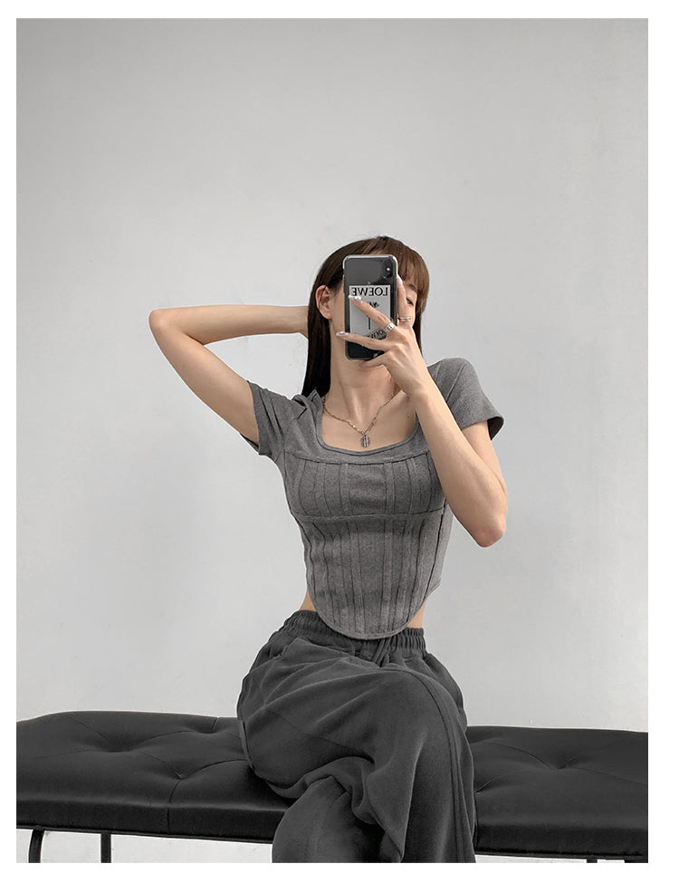 Summer Bright Line White T-shirt Women Slim Square Neck Short Sleeve Cropped Tops Female - MERGE.DAY.1.FREESTYLE