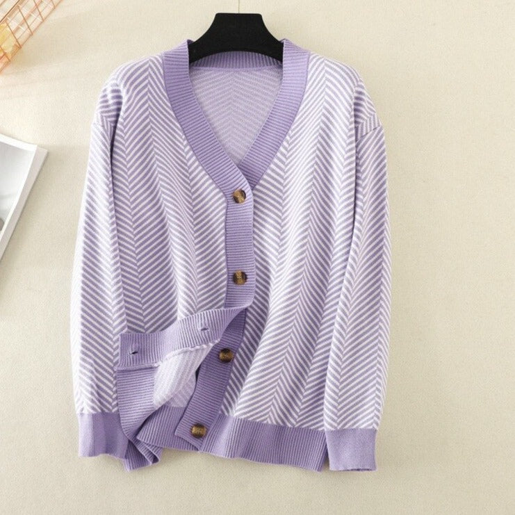 V-neck Striped Cardigans Sweaters Long Sleeve Loose Knitted Open Stitch Outwear - MERGE.DAY.1.FREESTYLE