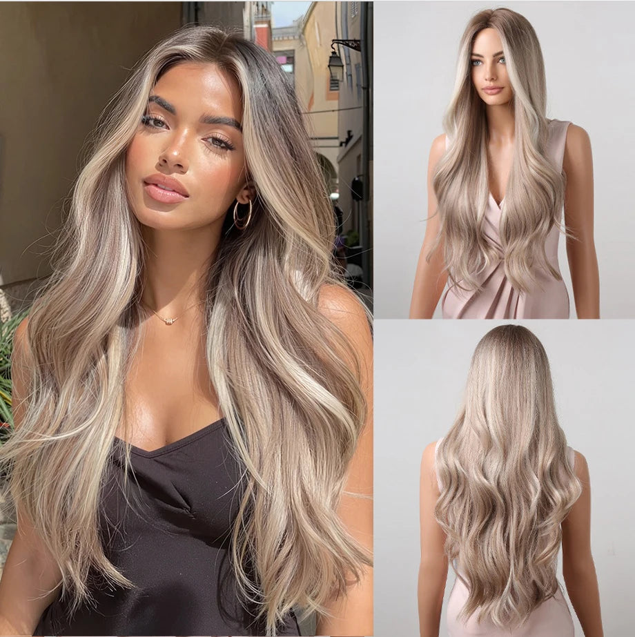 Platinum Blonde with White Highlight Dark Roots Synthetic Hair Wigs for Women Long Wavy Cosplay Daily Party Use Heat Resistant - MERGE.DAY.1.FREESTYLE
