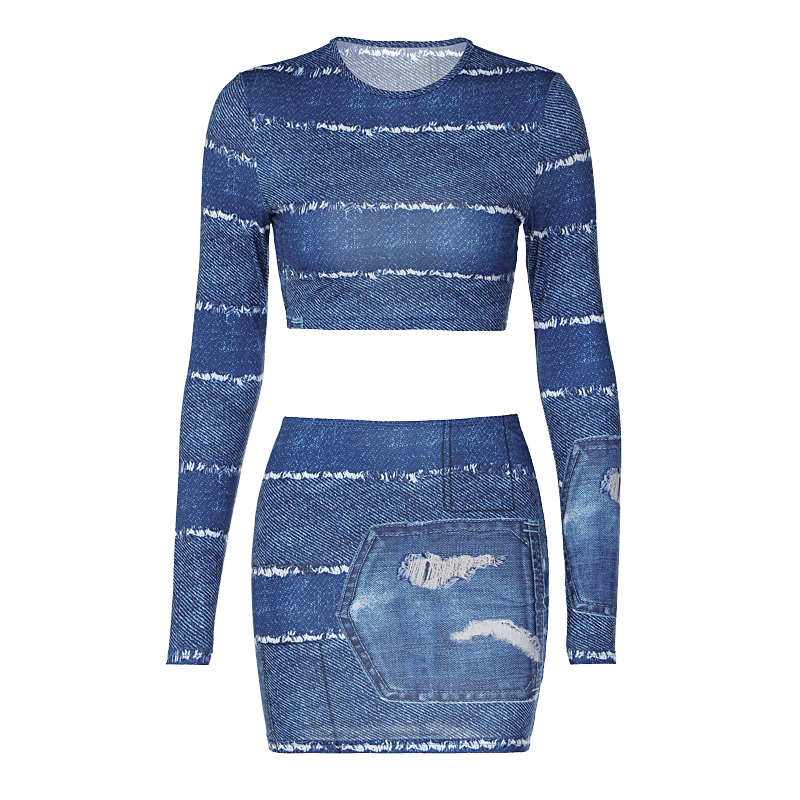 Print O Neck Long Sleeve Vintage Sexy Crop Top Patchwork Skirt 2 Pcs Set - MERGE.DAY.1.FREESTYLE