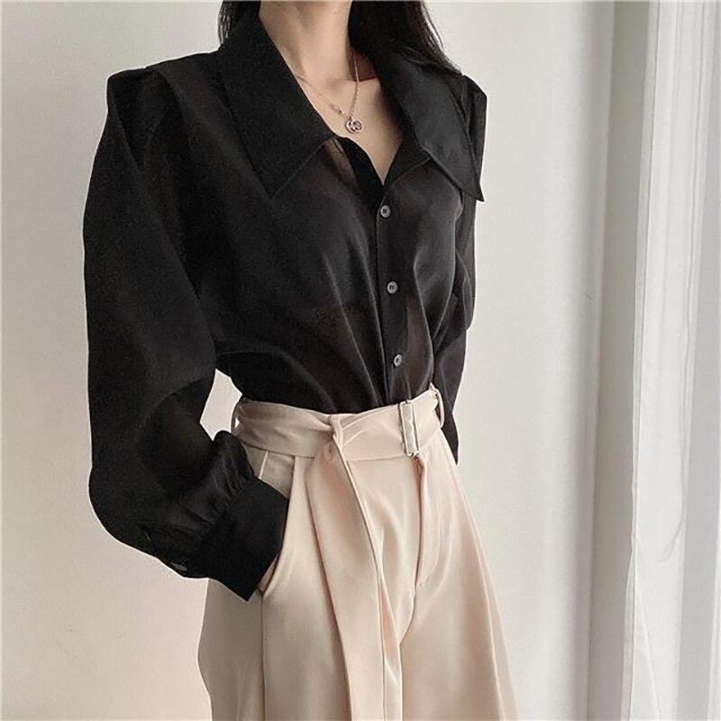 See Through Button Down Shirts Women New Loose Long Sleeve Blouse Female 2022 Summer Suncreen Tops - MERGE.DAY.1.FREESTYLE