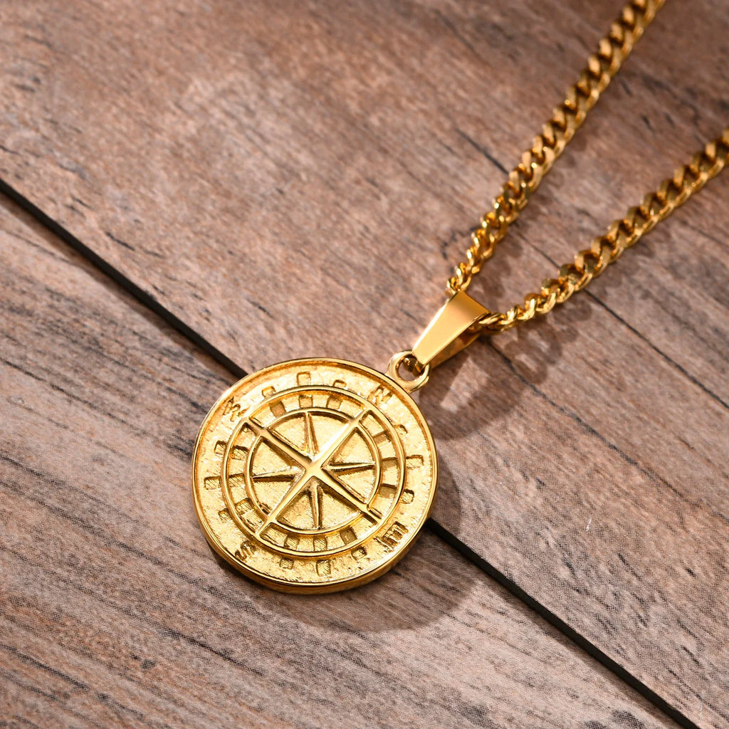 Gold Compass Necklaces,Vintage Viking North Star Anchor Medal - MERGE.DAY.1.FREESTYLE