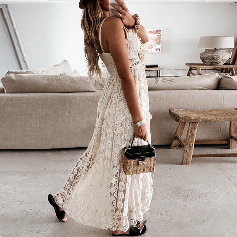 Women Dress Beach Style Elegant White Lace Spaghetti Srap Sundress Female Hollow Out Boho - MERGE.DAY.1.FREESTYLE