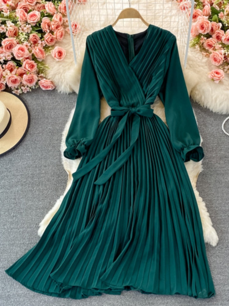Slim Dress Elegant A Line V Neck Puff Sleeve Chiffon Pullover Mid-Calf Dresses - MERGE.DAY.1.FREESTYLE