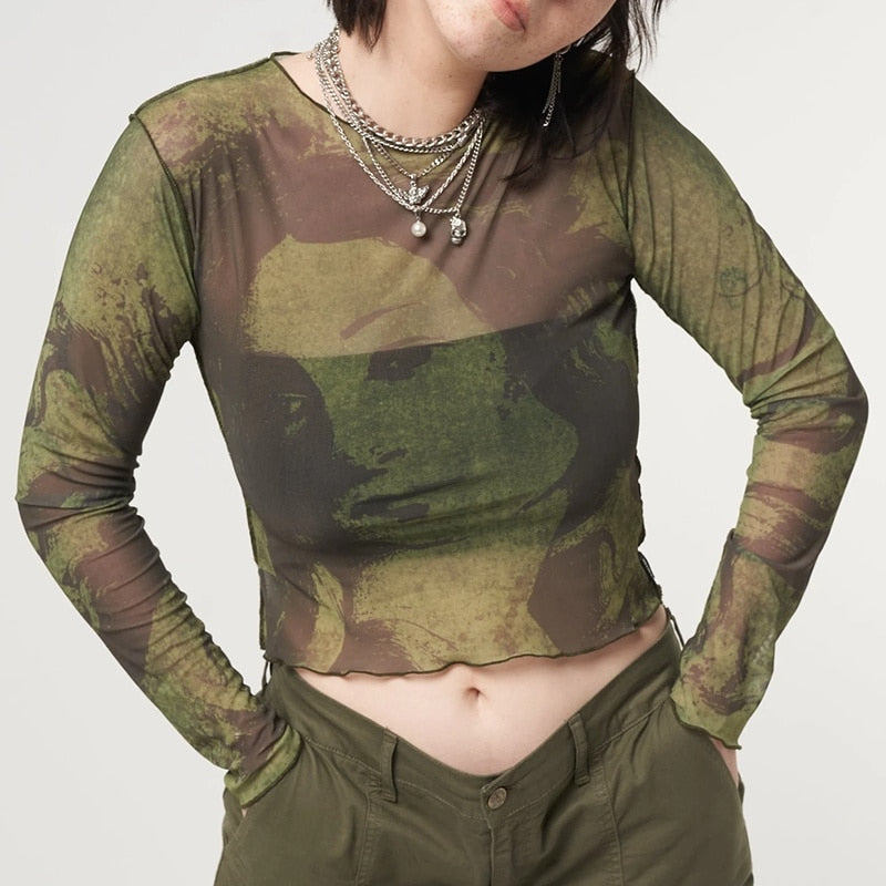 Sexy See Trough Crop Top Graphic Print Green Mesh Sheer T-shirt - MERGE.DAY.1.FREESTYLE