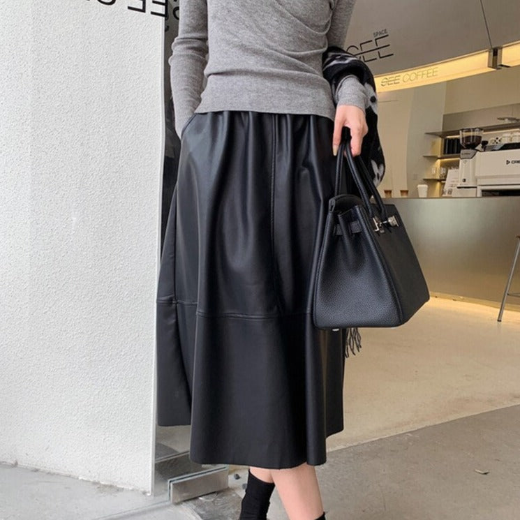 PU Skirts Elastic High Waist Pockets Faux Leather A-line Skirts - MERGE.DAY.1.FREESTYLE