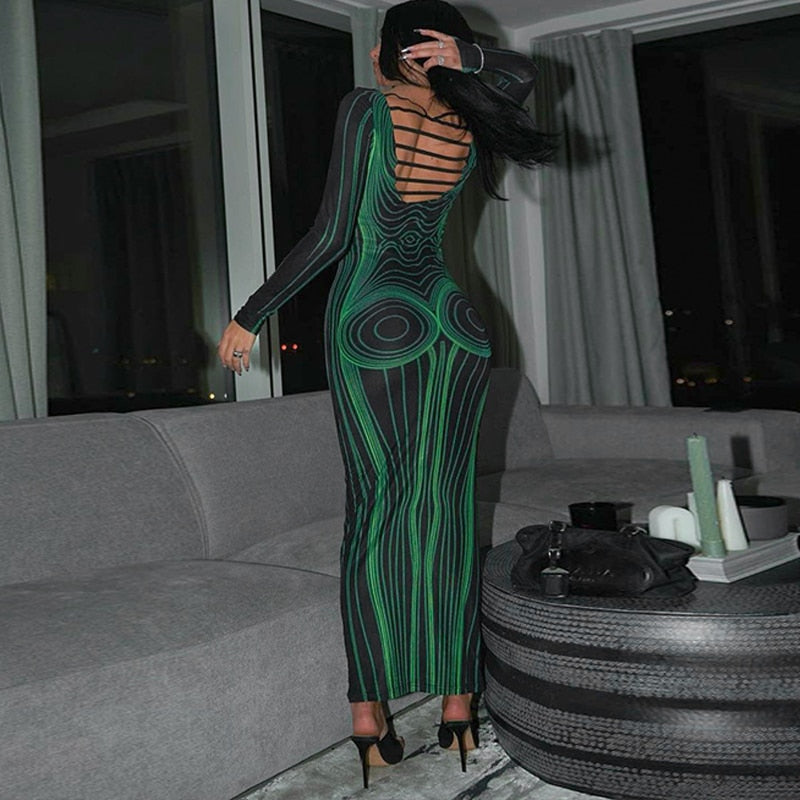 Striped Print Long Sleeve See Through Sexy Bodycon Maxi Dress - MERGE.DAY.1.FREESTYLE