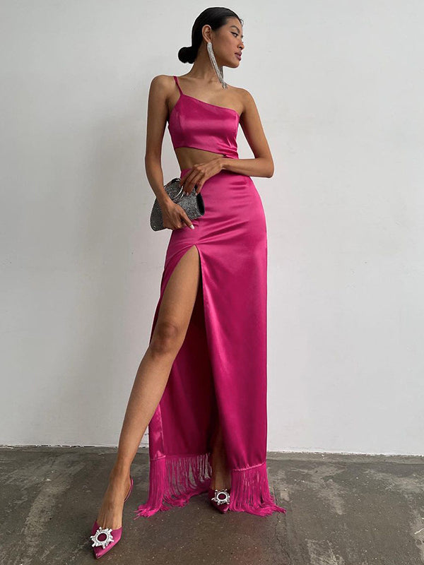 Elegant Women Diagonal Tassels Long Slip Party Dresses Sexy Off Shoulder Hollow Out Dress - MERGE.DAY.1.FREESTYLE