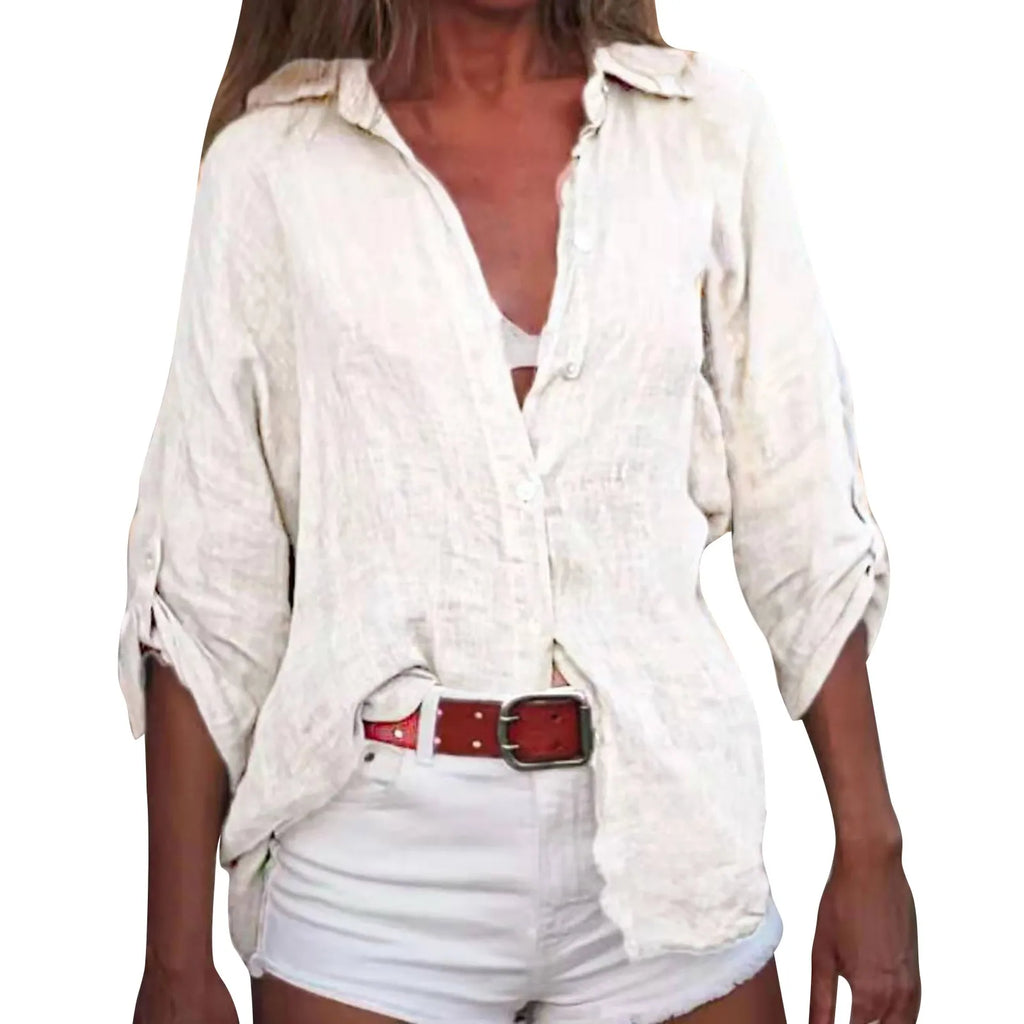 Cotton Linen Blouse Shirts Summer Solid Color Short Sleeve Buttons Cardigan Shirts - MERGE.DAY.1.FREESTYLE