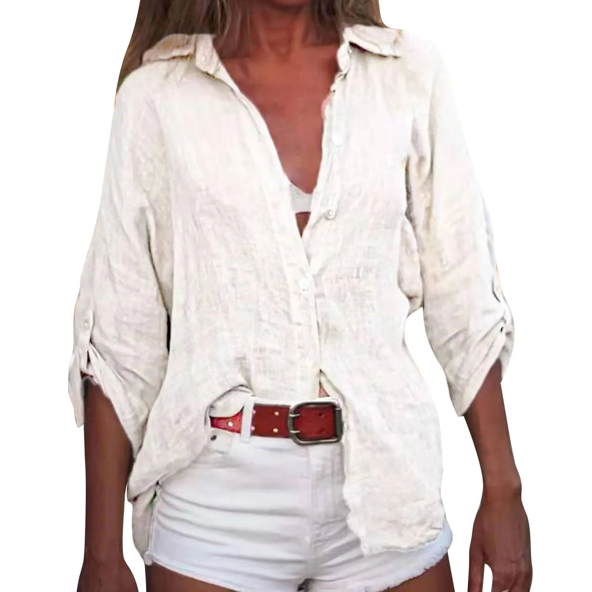 Cotton Linen Blouse Shirts Summer Solid Color Short Sleeve Buttons Cardigan Shirts - MERGE.DAY.1.FREESTYLE