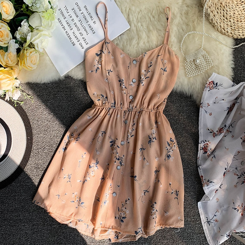 Spaghetti Strap Beach Playsuits Women Single Breasted V-neck Dress - MERGE.DAY.1.FREESTYLE