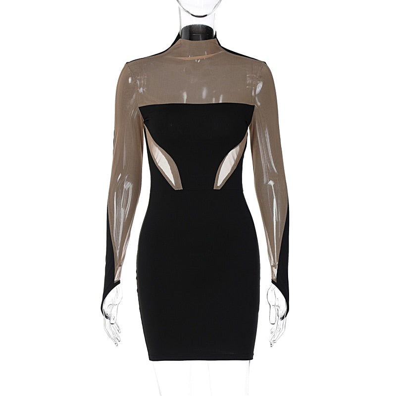 Long Sleeve Patchwork Mesh See Through Sexy Bodycon Mini Dress Evening Clothes - MERGE.DAY.1.FREESTYLE