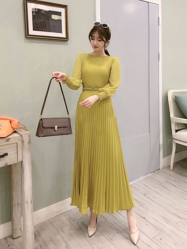 O-neck Long Sleeve A-line Dress Office Lady Pleated Maxi Dress - MERGE.DAY.1.FREESTYLE