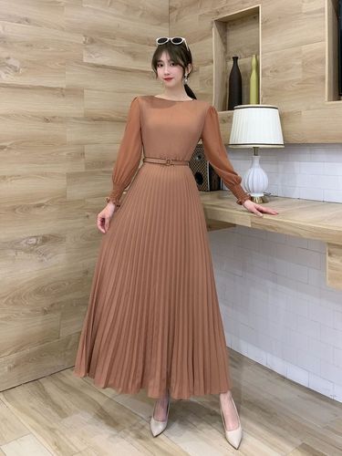 O-neck Long Sleeve A-line Dress Office Lady Pleated Maxi Dress - MERGE.DAY.1.FREESTYLE