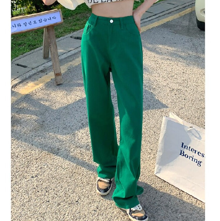 Cotton Ladies Wide Leg Denim Pants High Waist Loose Pockets Jeans Trousers - MERGE.DAY.1.FREESTYLE