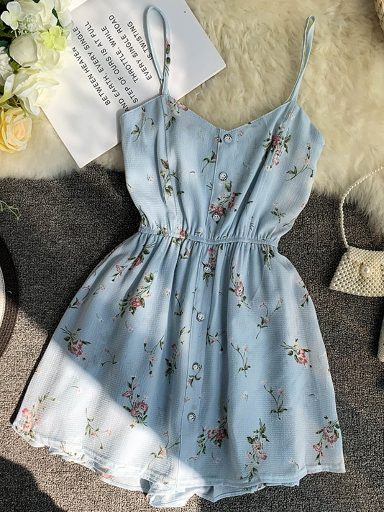 Spaghetti Strap Beach Playsuits Women Single Breasted V-neck Dress - MERGE.DAY.1.FREESTYLE