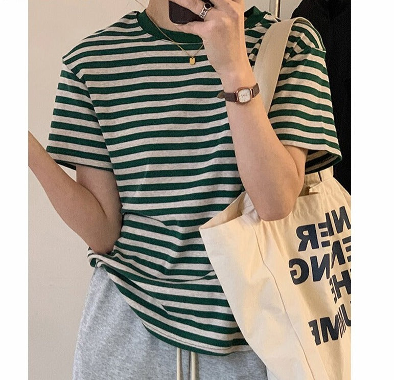 Casual O-neck Women Striped T-shirts Spring Summer Short Sleeve Loose Female Tops - MERGE.DAY.1.FREESTYLE