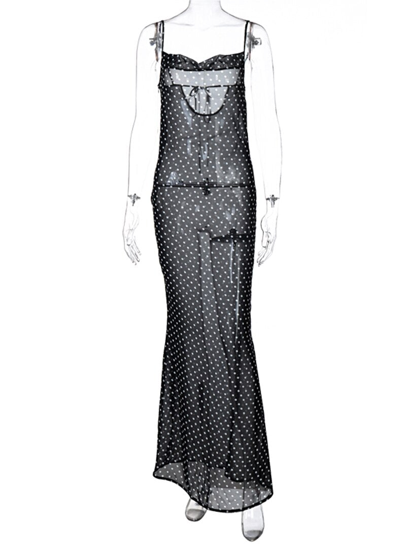 Sleeveless Zip Up Bandage Point Print Mesh See-Through Maxi Dress Sexy Clothings - MERGE.DAY.1.FREESTYLE