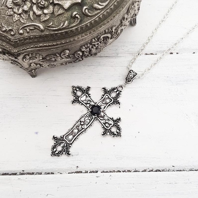 Large Detailed Cross Drill Pendant Necklace Silver Color Tone Gothic Punk Jewellery - MERGE.DAY.1.FREESTYLE