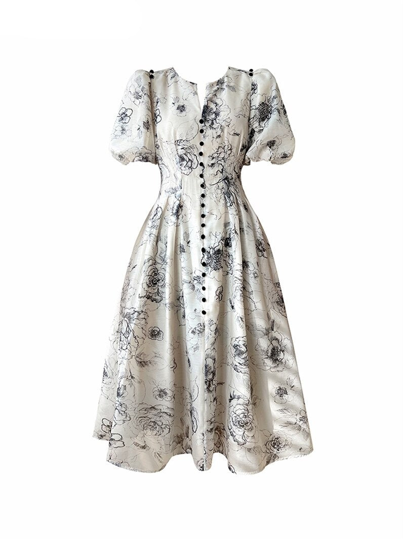 Vintage O-neck Single-breasted Summer Puff Sleeve Slim Women A-line Dress vestidos femme - MERGE.DAY.1.FREESTYLE