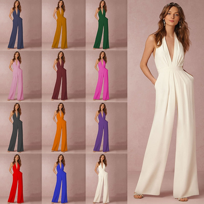 Jumpsuits for Women 2022 Sexy Polyester Backless Wide Leg Pants Sleeveless Summer Rompers - MERGE.DAY.1.FREESTYLE