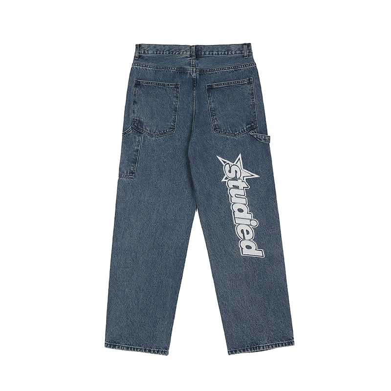 retro hip-hop letter embroidery jeans loose straight-leg pants wide-leg pants for men and women couples - MERGE.DAY.1.FREESTYLE