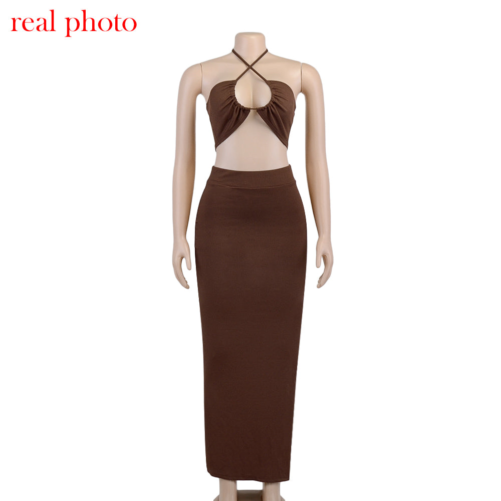 Cryptographic Bandage Cut Out Sexy Halter Neck Top and Skirts Set Gathered Elegant - MERGE.DAY.1.FREESTYLE