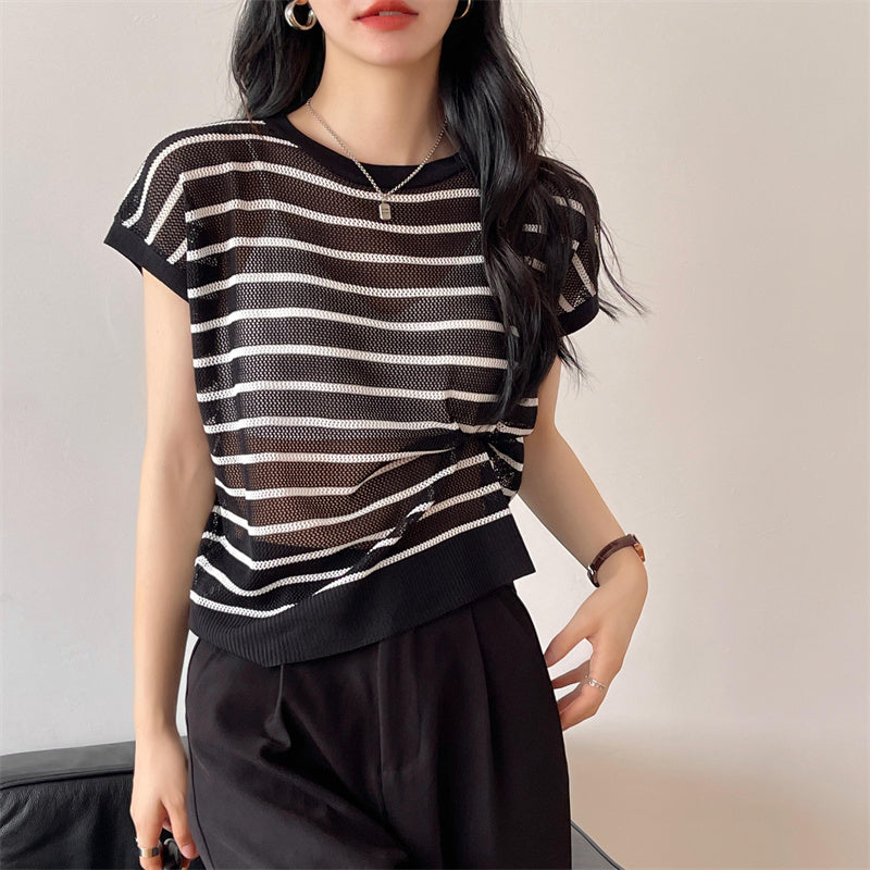 Hollow T-shirt Chain Women Summer New Solid Color Short Sleeve Knitted Tops Female 2022 - MERGE.DAY.1.FREESTYLE