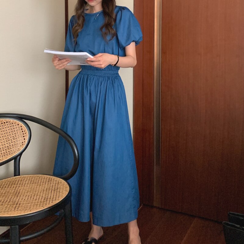Women's Summer Cotton Denim Sets of Skirts Suit Chic Puff Sleeve Short Top with Umbrella Skirt - MERGE.DAY.1.FREESTYLE
