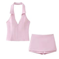 Lapel V- Neck Sleeveless Halter Tops Hip Package Mini Skirt Two Pieces Sets Female Streetwear - MERGE.DAY.1.FREESTYLE