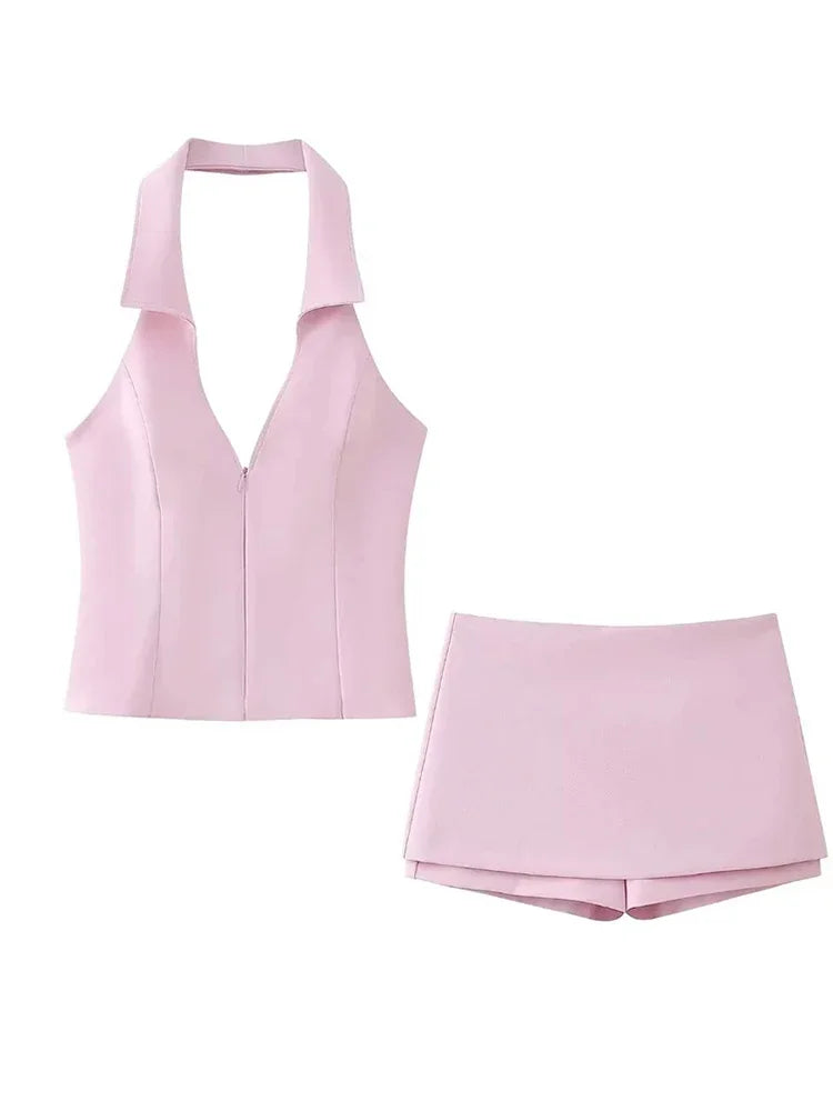 Lapel V- Neck Sleeveless Halter Tops Hip Package Mini Skirt Two Pieces Sets Female Streetwear - MERGE.DAY.1.FREESTYLE