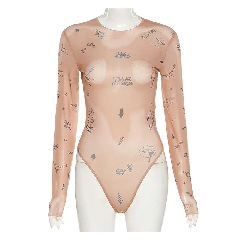 Print tight-fitting one-piece Top Women Long-Sleeved Bodysuits O-Neck - MERGE.DAY.1.FREESTYLE