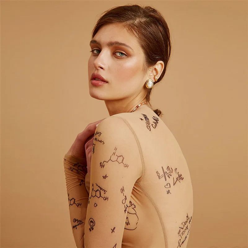 Print tight-fitting one-piece Top Women Long-Sleeved Bodysuits O-Neck - MERGE.DAY.1.FREESTYLE