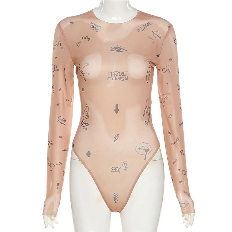 Print tight-fitting one-piece Top Women Long-Sleeved Bodysuits O-Neck - MERGE.DAY.1.FREESTYLE
