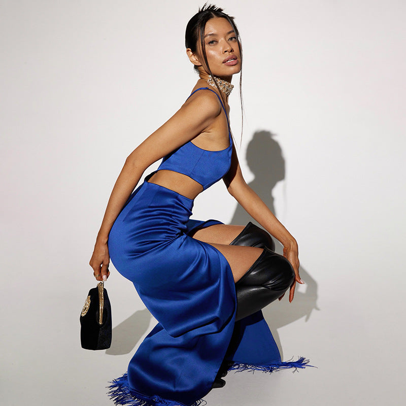 Elegant Women Diagonal Tassels Long Slip Party Dresses Sexy Off Shoulder Hollow Out Dress - MERGE.DAY.1.FREESTYLE