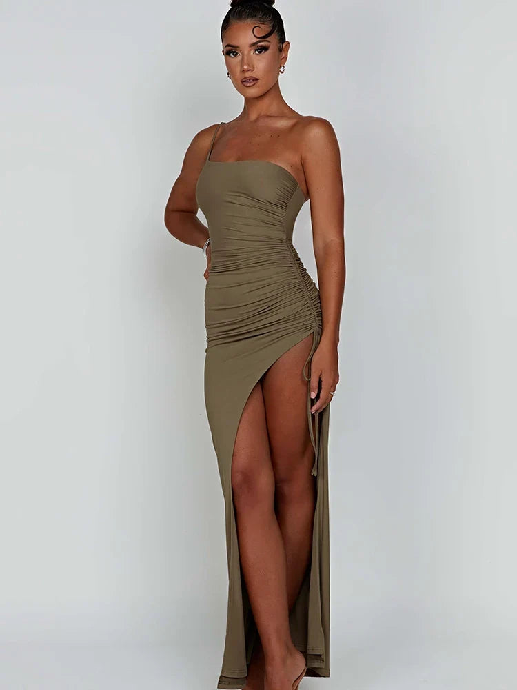 Drawstring High Slit Shoulder Slim Elastic Maxi Bodycon Dress - MERGE.DAY.1.FREESTYLE