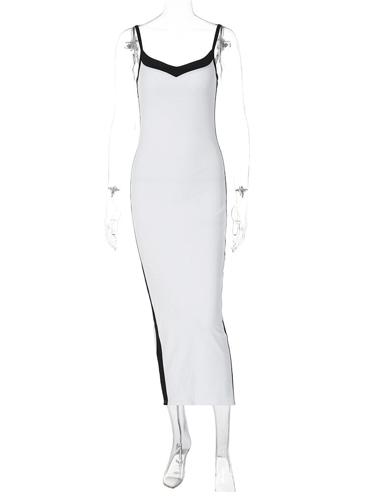Color Bloack V Neck Sleeveless Slip Slit Sexy Bodycon Maxi Dress Y2K Outfit - MERGE.DAY.1.FREESTYLE