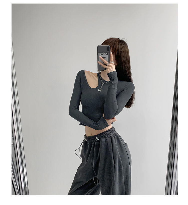 Hollow T-shirt Women Fashion Slim Y2K Cropped Tops Off Shoulder Long Sleeve Tees Woman - MERGE.DAY.1.FREESTYLE