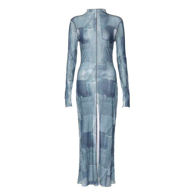 Mesh O Neck Long Flare Sleeve Print Slit Vintage Sexy Bodycon Maxi Dress - MERGE.DAY.1.FREESTYLE