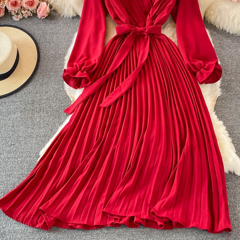Slim Dress Elegant A Line V Neck Puff Sleeve Chiffon Pullover Mid-Calf Dresses - MERGE.DAY.1.FREESTYLE