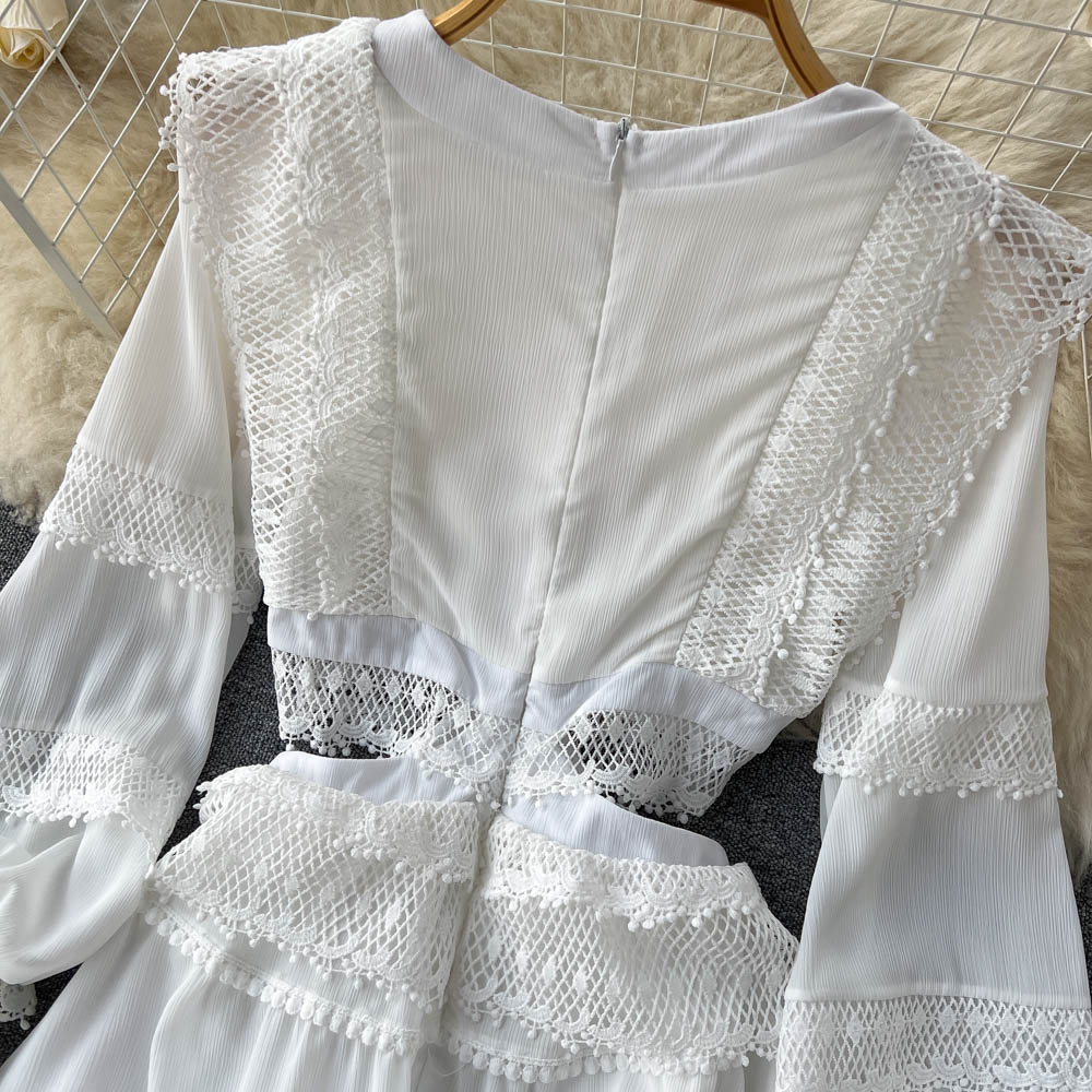 Lace Hollow Out White Dress Women Elegant V-neck Beach Holiday Style Dress - MERGE.DAY.1.FREESTYLE