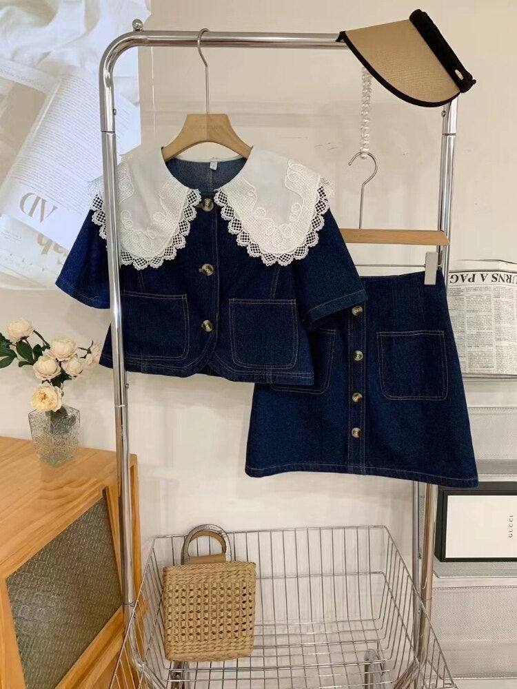 Summer Sweet Denim Suit Lace Peter Pan Collar Single Breasted Tops+high Waist A-line Skirts - MERGE.DAY.1.FREESTYLE