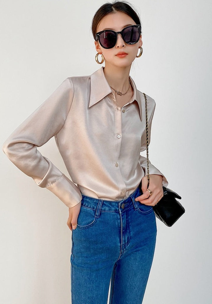 Turn-down Collar Solid Blouses Women Full Sleeve Loose Single-breasted Satin Shirts - MERGE.DAY.1.FREESTYLE