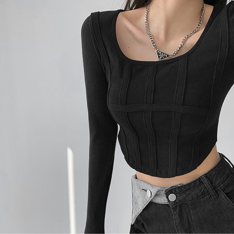 Fishbone Pattern Women's Long Sleeve T-shirt High Waist Slim Square Collar Tops Woman - MERGE.DAY.1.FREESTYLE