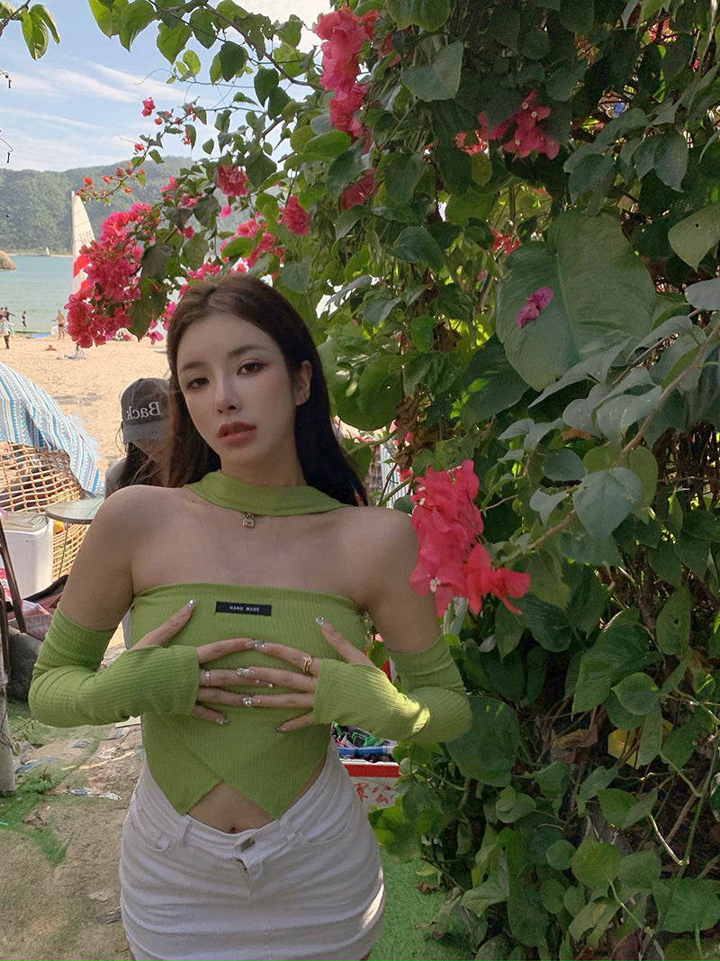 Green Halter Sleeveless T-shirts Women Sexy Slim Irregular Long Sleeve Cropped Tops - MERGE.DAY.1.FREESTYLE