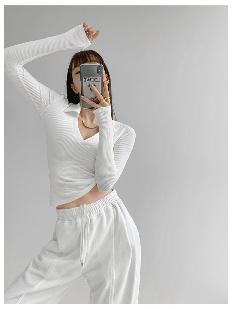Sexy V-Neck Slim Fitness Women's T-Shirt Long Sleeve Polo Shirt Woman High Waist Cropped Tops - MERGE.DAY.1.FREESTYLE