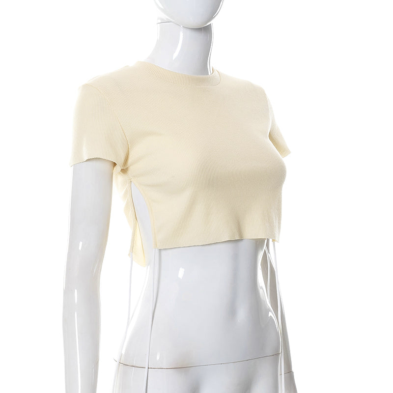 Sexy O Neck Split Ribbons Cropped T-Shirts Women Ribbed Knit Short Sleeve Slim Tshirts 2022 Summer - MERGE.DAY.1.FREESTYLE